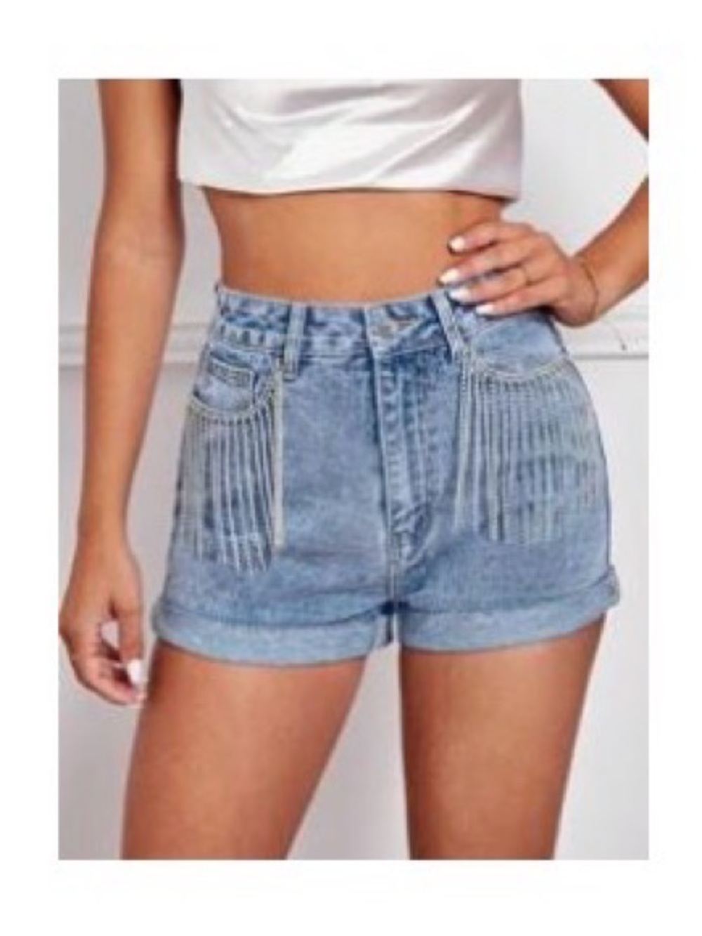 Shein rhinestone fringe trim denim shorts